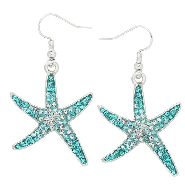 Starfish Earrings Plain Metal Pave Rhinestone Crystal TURQUOISE Drop Dangle 33mm - PalmTreeSky