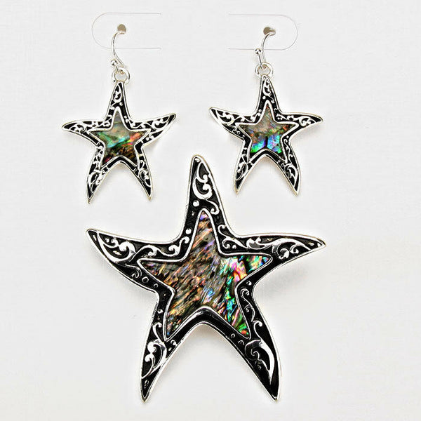 Starfish Pendant Earrings Solid Metal SILVER BLACK Abalone Shell SeaLife Jewelry - PalmTreeSky