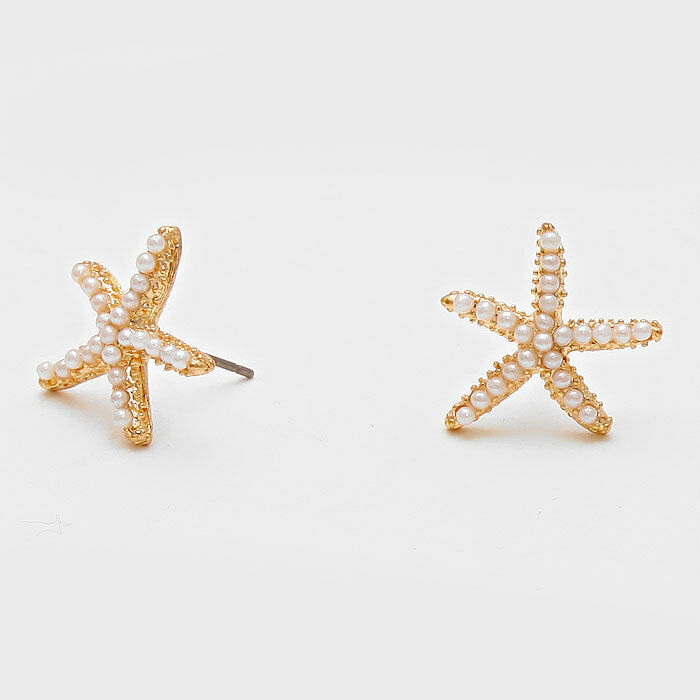 Starfish Earrings Pearls Studs GOLD WHITE 3/4" Post Nautical Beach Surf Jewelry - PalmTreeSky