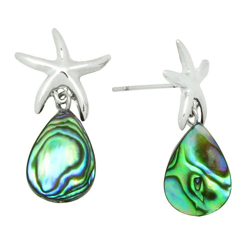 Starfish Earrings Abalone Shell Teardrop Stud Post SILVER Drop Dangle Sea Life - PalmTreeSky