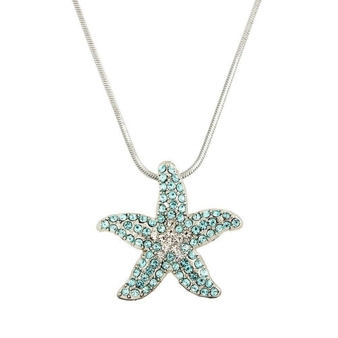 Starfish Necklace Pave Rhinestones Pendant Snake Chain SILVER TURQ 2TONE Jewelry - PalmTreeSky