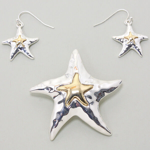 Starfish Pendant Earrings Solid Metal 2TONE GOLD SILVER SeaLife Beach Jewelry - PalmTreeSky