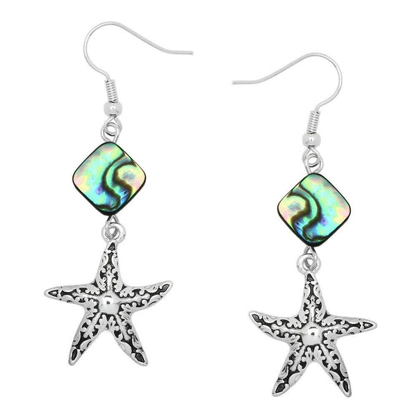 Starfish Earrings Abalone Shell Drop Dangle Textured Metal SILVER SeaLife Beach - PalmTreeSky