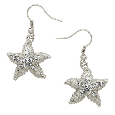 Starfish Earrings Pave Rhinestone Pendant Swirl Textured Sea SILVER CLR Jewelry - PalmTreeSky