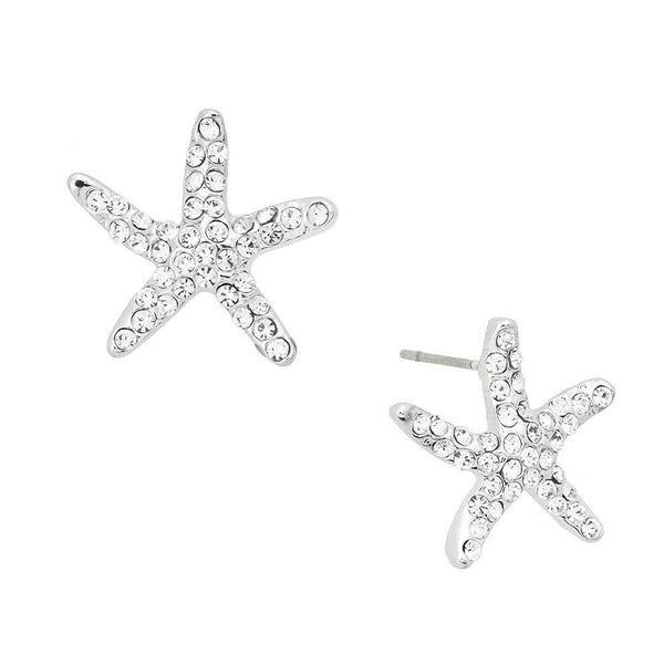 Starfish Earrings Pave Rhinestone Metal Studs Posts SLVR SeaLife Beach Sand 18mm - PalmTreeSky