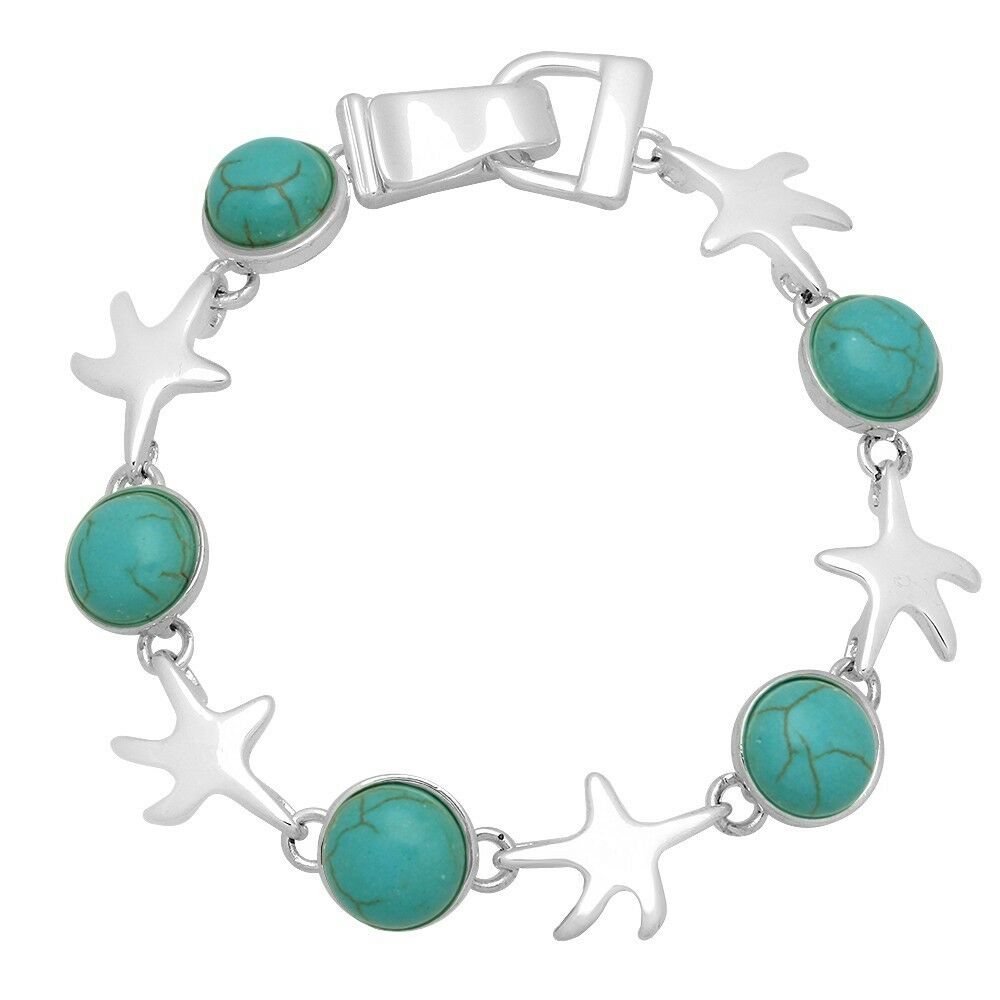 Starfish Bracelet Chain Link Magnetic Closure Clasp SILVER TURQ Beach Sea Life - PalmTreeSky