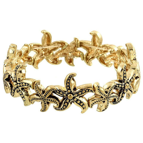 Starfish Bracelet Stretch Bangle Wavy Textured Metal GOLD Beach Sea Life Style - PalmTreeSky