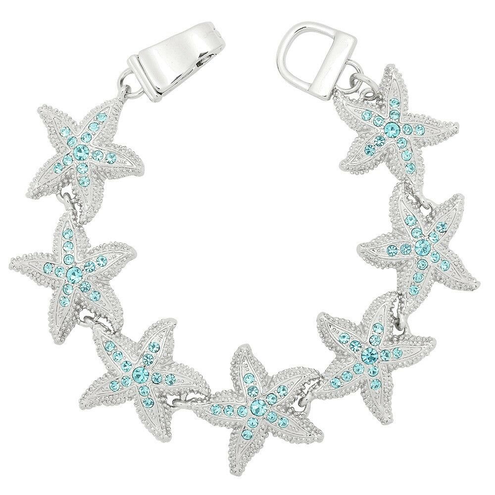 Starfish Bracelet Chain Link Magnetic Closure Clasp SILVER Turq Stones Nautical - PalmTreeSky