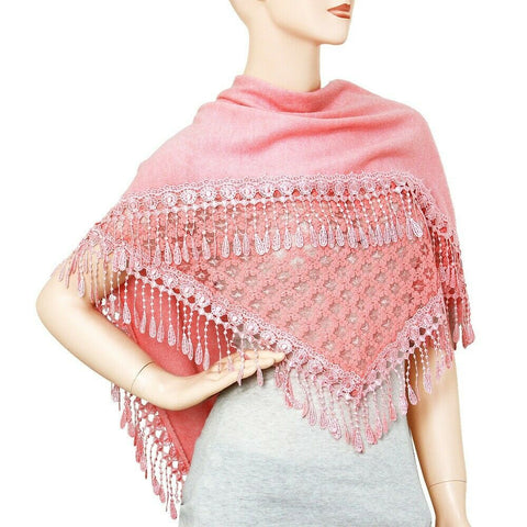 Spring Scarf Summer Lightweight Lace Solid Tassel Fringe Wrap Around Shawl PINK - PalmTreeSky