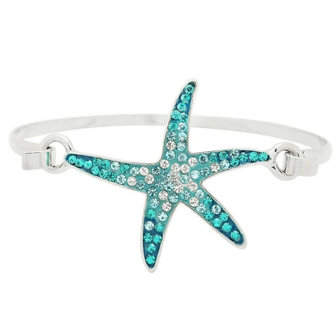 Starfish Bracelet Hing Bangle Thin Metal SILVER Turquoise Pave Stones Beach Sea - PalmTreeSky