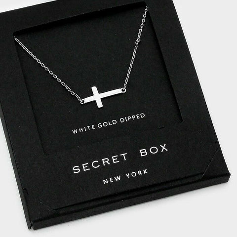 Side Cross Necklace Tiny Secret Box Gift WHITE GOLD DIPPED Delicate Small Faith - PalmTreeSky