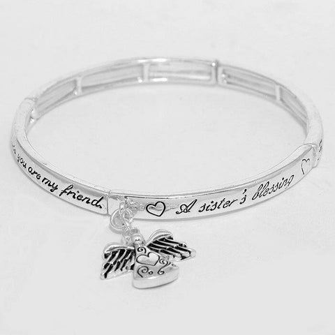 Sister Bracelet Sisters Blessing Friends Forever SILVER Message Stretch Bangle - PalmTreeSky