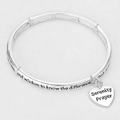 Serenity Prayer Bracelet Stretch SILVER Heart Charm Inspiration Message Jewelry - PalmTreeSky