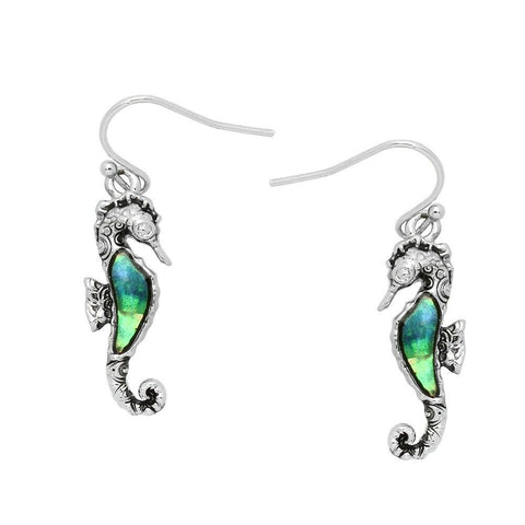 Seahorse Earrings Filigree Abalone Shell Metal Drop Dangle SILVER Beach Jewelry - PalmTreeSky