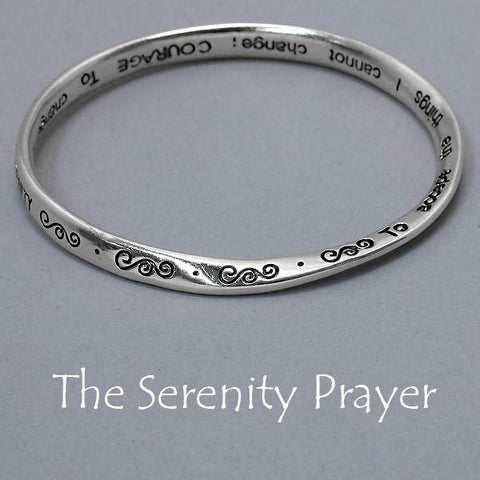 Serenity Prayer Bangle Bracelet Swirl Design BentMetal SILVER Religious Jewelry - PalmTreeSky