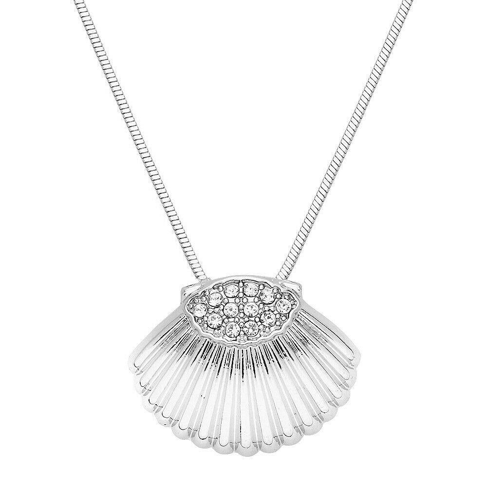 Sea Shell Necklace Charm Pendant Crystal Rhinestone Trim SILVER Beach Sea Life - PalmTreeSky