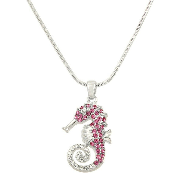 Seahorse Necklace Pave Rhinestone Crystals Pendant Charm Sea Horse SILVER PINK - PalmTreeSky