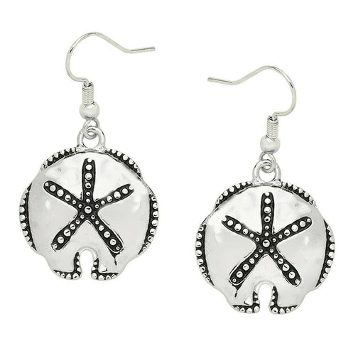 Sand Dollar Earrings Hook Dangle Sea Life Beach Starfish Dot Edge Surfer SILVER - PalmTreeSky