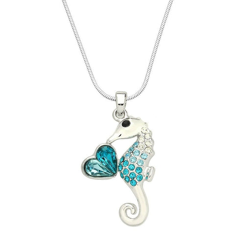 Sea Horse Necklace Rhinestone Crystal Heart Sea Life Beach SILVER TURQUOISE - PalmTreeSky