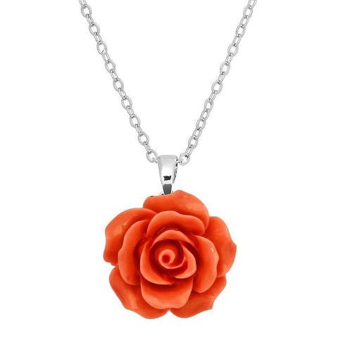 Rose Flower Necklace Pendant Charm Silver Orang Love Gift Jewelry Acrylic Metal - PalmTreeSky