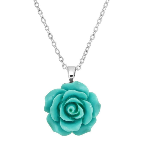 Rose Flower Necklace Pendant Charm Silver TURQ Love Gift Jewelry Acrylic Metal - PalmTreeSky