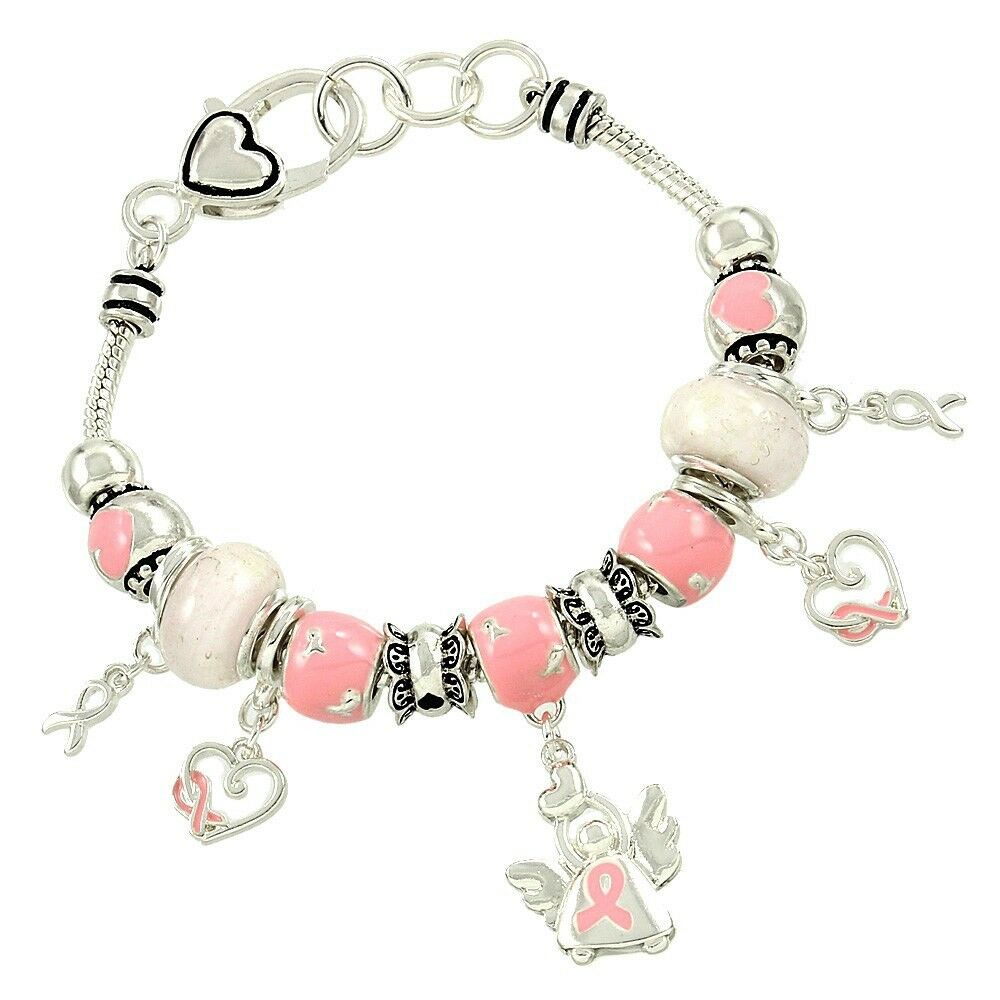 Pink Ribbon Bracelet Multi Sliding Bead Angel Wings Heart SILVER Faith Awareness - PalmTreeSky