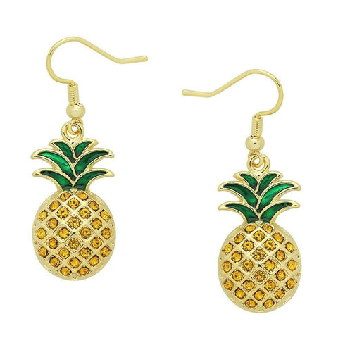 Pineapple Earrings Pave Rhinestone Drop Dangle Welcome Home Fruit GOLD GREEN - PalmTreeSky