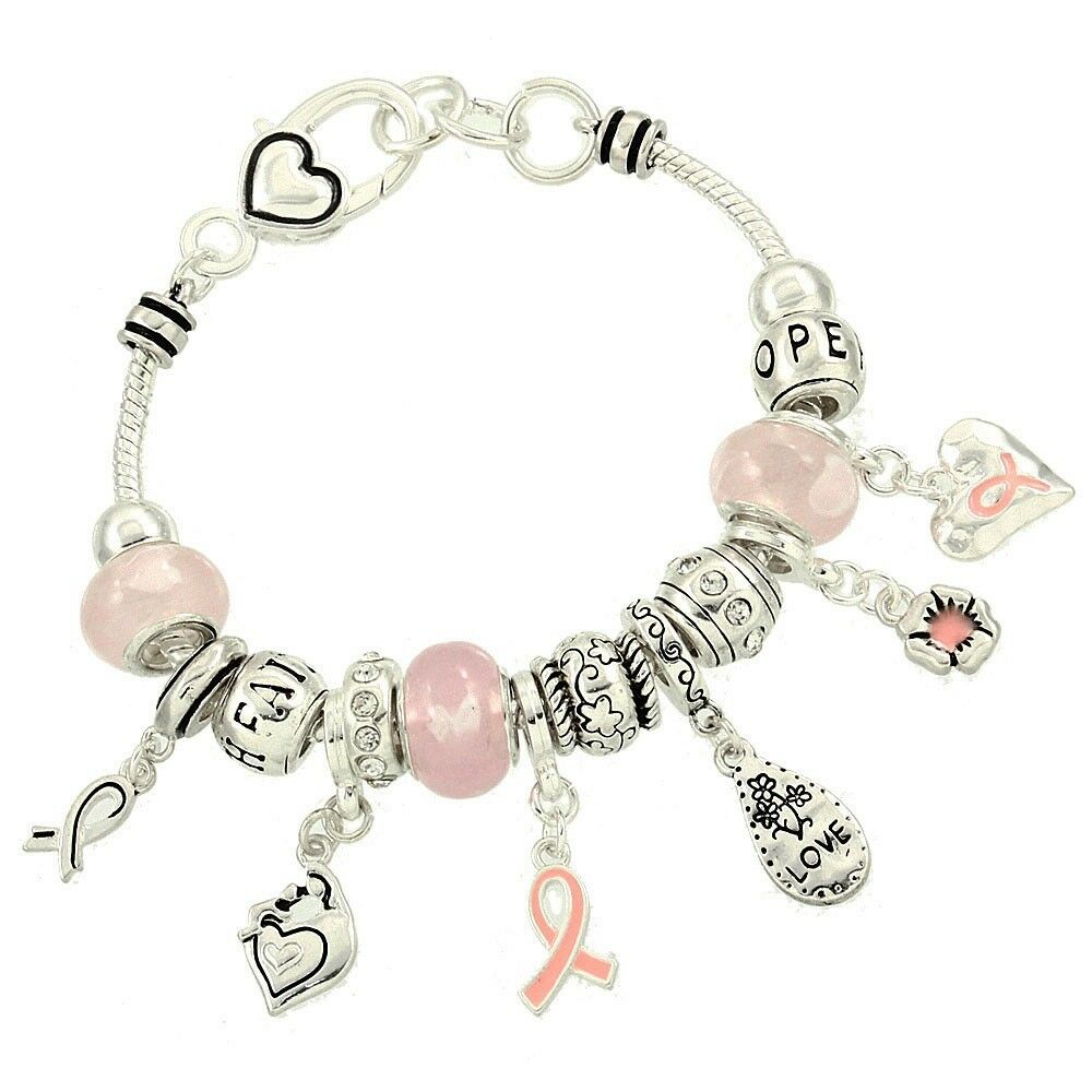 Pink Ribbon Bracelet Multi Sliding Bead Flower Heart SILVER Faith Hope Awareness - PalmTreeSky