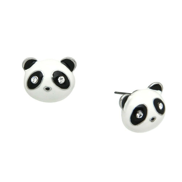 Panda Earrings Stud Post Back Small Bear Face Animal Bamboo Tree BLACK WHITE - PalmTreeSky