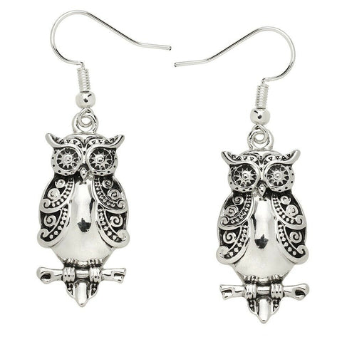 Owl Earrings Spoon Metal Tree Floral Jewelry Drop Dangle Wisdom Eyes SILVER - PalmTreeSky