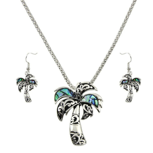 Palm Tree Necklace SET ABALONE SHELL Filigree Textured SILVER Beach Metal Chain - PalmTreeSky