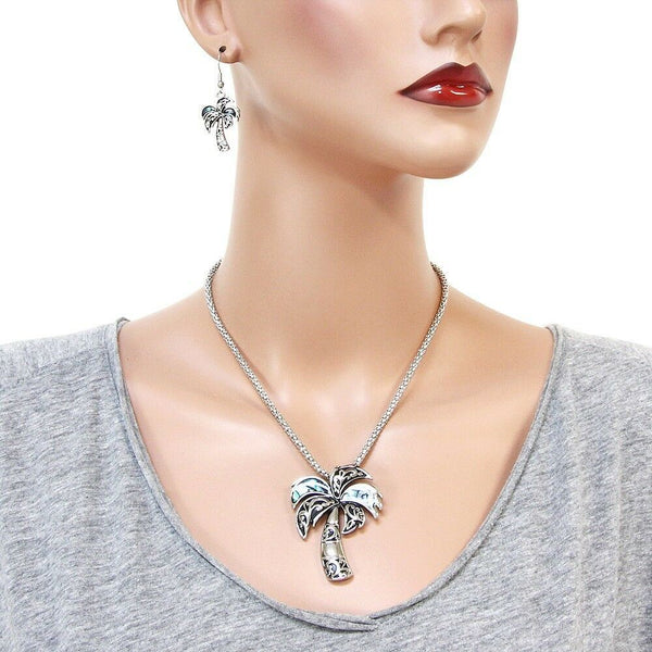 Palm Tree Necklace SET ABALONE SHELL Filigree Textured SILVER Beach Metal Chain - PalmTreeSky