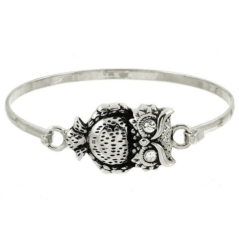 Owl Bracelet Thin Metal Hook Bangle Textured Tree Floral Crystal Eyes SILVER - PalmTreeSky