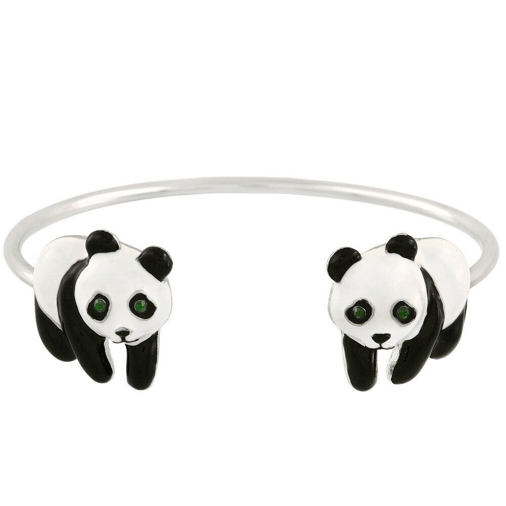 Panda Bracelet Cuff Bangle Bear Bamboo Tree Leaf Zoo Enamel Face Eye BLACK WHITE - PalmTreeSky