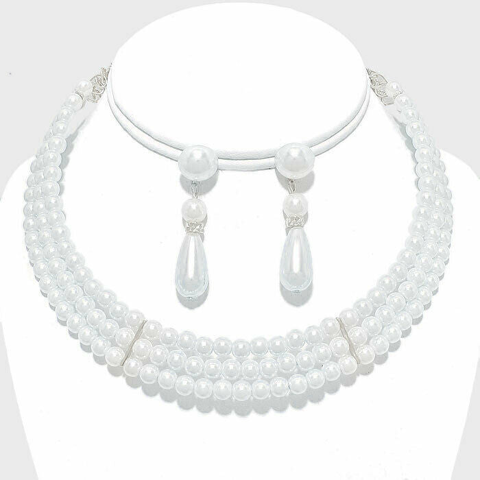 Pearl Necklace Set Stud Earrings Teardrop Pendant Choker SILVER WHTJewelry - PalmTreeSky