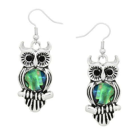 Owl Earrings Sea Life Abalone Shell Metal Drop Dangle SILVER Tree Leaf  Wisdom - PalmTreeSky