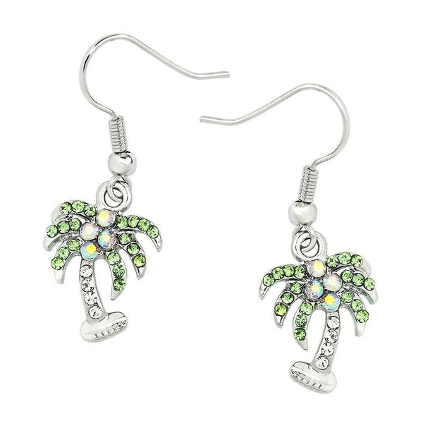 Palm Tree Earrings Beach Rhinestone Small Drop Dangle SILVER GREEN Surf Jewelry - PalmTreeSky