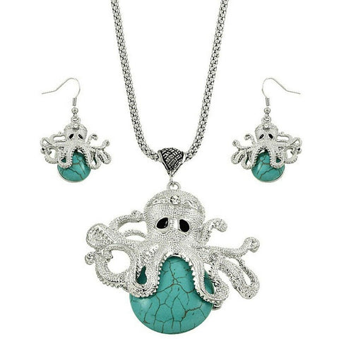 Octopus Necklace Set Chunky Statement Textured Metal Turquoise Stone Silver Sea - PalmTreeSky