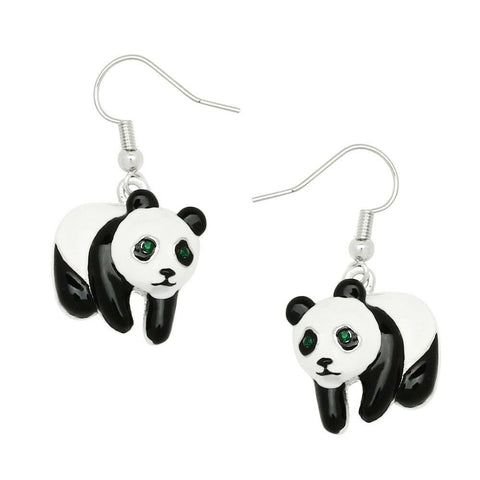 Panda Earrings Hanging Bear Animal Bamboo Tree Drop Dangle BLACK WHITE 19x18mm - PalmTreeSky