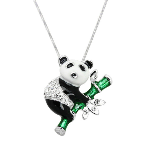 Panda Necklace Pendant Bear Bamboo Tree Crystal Leaf Rhinestone BLACK WHITE - PalmTreeSky