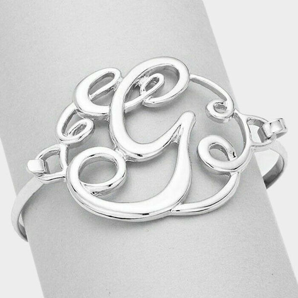 Monogram Initial Bangle Bracelet SILVER 1.75"Letter G Hinge Bangle Metal Jewelry - PalmTreeSky