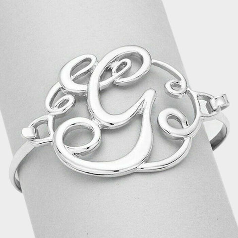 Monogram Initial Bangle Bracelet SILVER 1.75"Letter G Hinge Bangle Metal Jewelry - PalmTreeSky