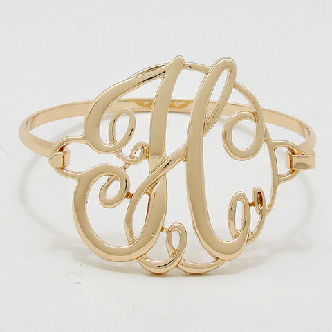 Monogram Initial Bangle Bracelet GOLD 1.75" Letter H Hinge Personalized Jewelry - PalmTreeSky