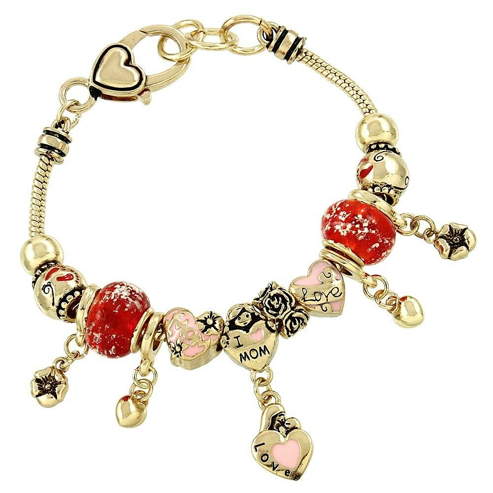 Mom Mother Charm Bracelet Bead GOLD PINK RED Heart Love Message Theme Jewelry - PalmTreeSky