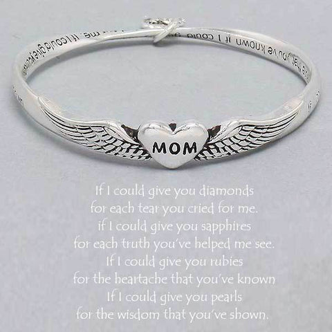 Mom Bracelet Bangle Angel Wings Pave Heart Charm SILVER Inspire Message Jewelry - PalmTreeSky