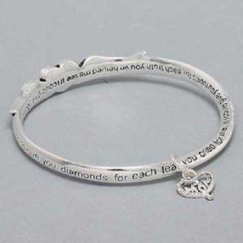 Mom Bracelet Bangle Angel Wings Pave Heart Charm SILVER Inspire Message Jewelry - PalmTreeSky