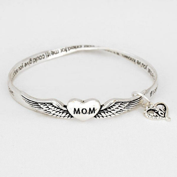 Mom Bracelet Bangle Angel Wings Pave Heart Charm SILVER Inspire Message Jewelry - PalmTreeSky