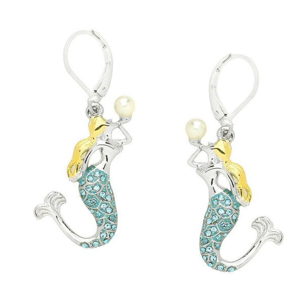 Mermaid Earrings Drop Dangle Rhinestone Leverback Pearl Sea Life SILVER AQUA - PalmTreeSky