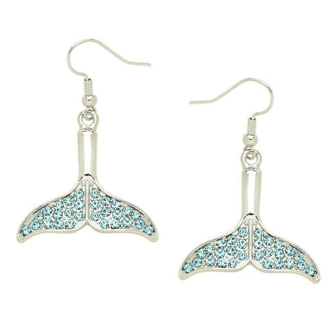 Mermaid Earrings Whale Tail Pendant Pave Rhinestone Sea Swim SILVER TURQUOISE - PalmTreeSky