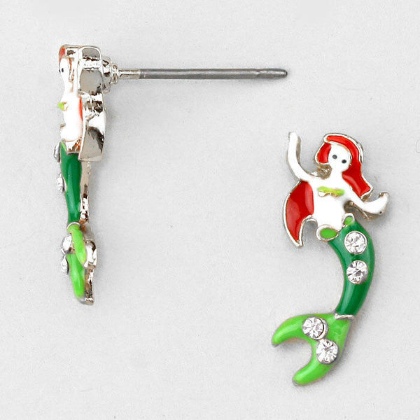 Mermaid Earrings Rhinestone SILVER 3/4" Stud Nautical SeaLife Beach Surf Jewelry - PalmTreeSky